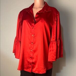 FINLEY $205  Solid Red Satin Shirred Bell Sleeve Button Up Shirt Top Size XL